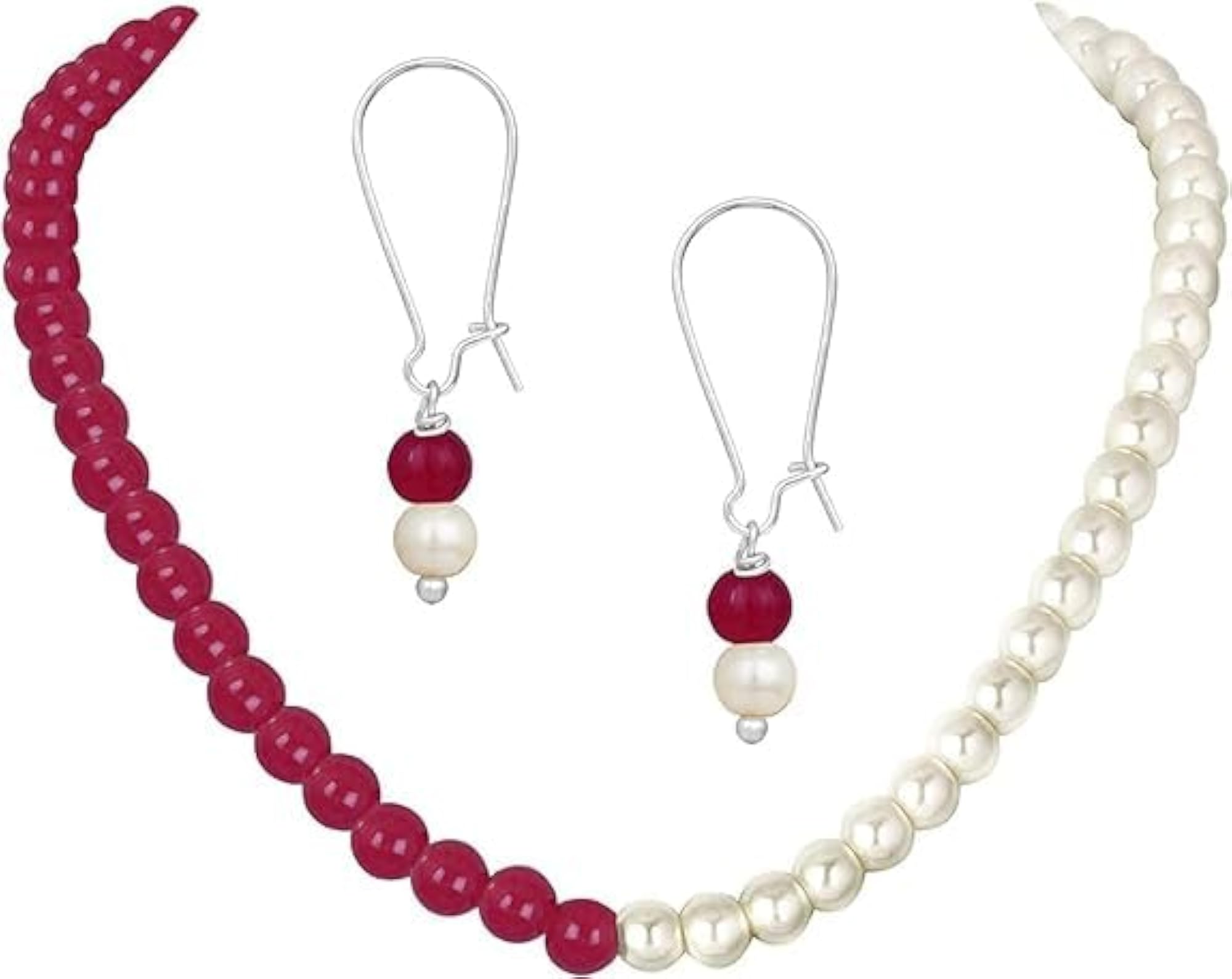 Women's Pearl Necklace Set, White & Red Mala